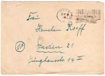 Gera roter Gebühr bezahlt Stempel auf Brief o 23.7.1948
