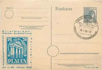 Plauen Vogtland Briefmarkenausstellung Privatganzsache Sonderstempel 24.1.1948