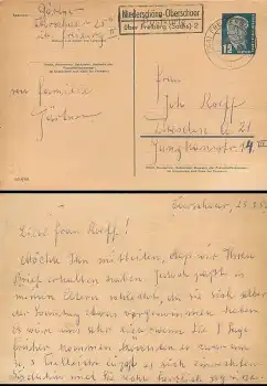 Niederschöna-Oberschaar über Freiberg (Sachs) 2 Landpoststempel auf Ganzsache Pieck o 24.3.1952