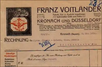 Kronach und Düsseldorf Fettfabrik "Argon" Franz Voitländer Briefkopf 1919