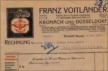 Kronach und Düsseldorf Fettfabrik Argon Franz Voitländer Briefkopf 1919