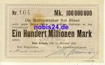 06628 Bad Kösen Notgeld 100 Millionen 1923