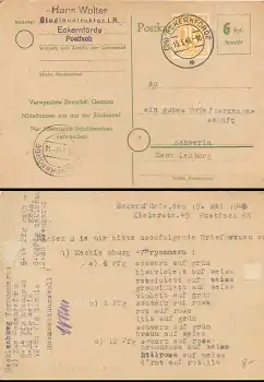 Ganzsache 6 Pfennig bezahlt grün o Eckernförde 15.5.1946