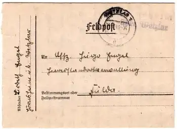 35629 Hörnsheim über Wetzlar Landpoststempel auf Feldpostbrief 2. WK o Wetzlar 1 20.4.1943