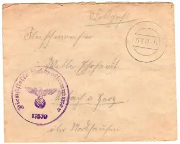 Dienststelle Feldpostnummer 17579 2. WK o stummer Stempel 1941 vermutlich ​​​​​​​4. Kompanie Kradschutzen-Bataillon 1