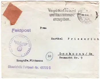 Feldpostnummer 45772 C Feldpost 2.WK Leipzig 8.9.1944 Absender Hauptfeldwebel Wittmann