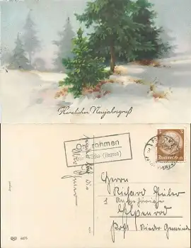 35325 Oberohmen über Mücke (Hessen) Landpoststempel auf Neujahrskarte o um 1937