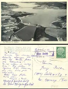 59519 Stockum über Soest Landpoststempel auf AK Möhnesee Talsperre o 24.9.1954