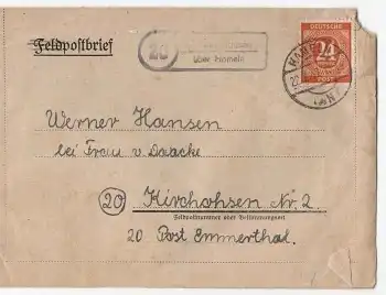 31863 Brünnighausen über Hameln Landpoststempel auf Brief o 22.7.1947