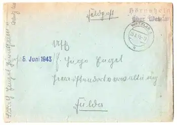 35625 Hörnsheim über Wetzlar  Landpoststempel auf Feldpostbrief o 3.6.1943 nach Fulda