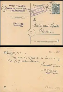 97857 Urspringen Landpoststempel auf Ganzsache o Mellrichstadt 22.10.1946