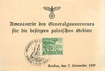 Generalgouvernement Amtsantritt des Generalgouverneurs Sonderstempel Krakau 7.11.1939