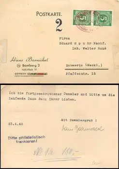 Bamberg 3 roter ovaler Gebühr bezahlt Stempel auf Postkarte o 23.4.1946 nach Schwerin