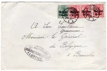 Belgien 5 Centimes und 10 Cent auf Germania Michel 2 und 14  auf Brief Überwachungsstelle Lüttich o 20.5.1917