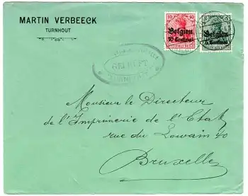 Belgien 5 und 10 Centimes auf Germania Michel 2 und 3  auf Brief Überwachungsstelle Turnhout  7.8.1916