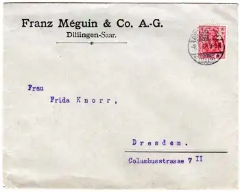 Firmenlochung auf 10 Pfennig Germania Firma Franz Meguin Dillingen Saar o 8.1.1913
