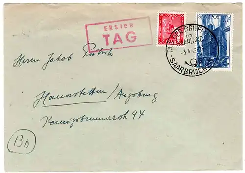 Universität des Saarlandes 1949 Michel 264 auf Brief (Rückklappe fehlt) mit Sonderstempel TAG DER BRIEFMARKE 3.4.1949