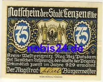 19309 Lenzen Notgeld 75 Pfennige um 1920