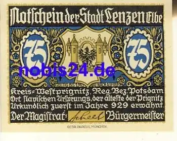 19309 Lenzen Notgeld 75 Pfennige um 1920