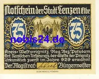 19309 Lenzen Notgeld 75 Pfennige um 1920