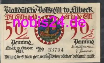 Lübeck Notgeld Fischfrau 50 Pfennige um 1920