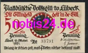 Lübeck Notgeld Garnersfru 50 Pfennige um 1920