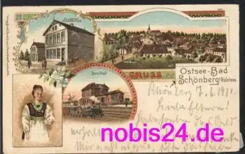 24217 Schönberg Litho Bahnhof Schule Tracht o 1911