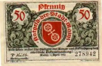 Mainz Städtenotgeld Wert 50 Pfennige 1921