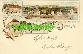 04749 Ostrau Litho Bahnhof Gasthof o 1894