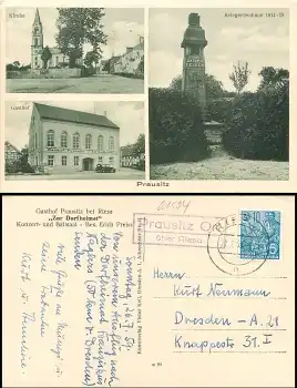 01594 Hirschstein Prausitz Gasthof Kriegerdenkmal Landpoststempel o 1959