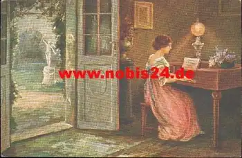 Hansa A. Künstlerkarte Frau am Klavier "Sein Lieblingslied"  *ca. 1920