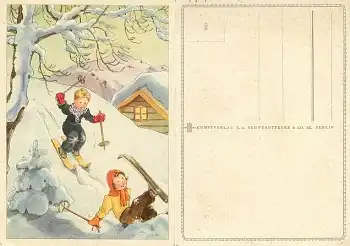 Kinder beim Skifahren Künstlerkarte *ca. 1930