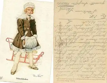 Mädchen mit Muff und Schlitten Künstlerkarte Hans Leu gebr.ca. 1920