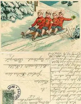 Bobfahrer im 4er Bob Prägekarte o 21.2.1914