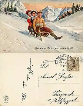Frauen beim Rodel Künstlerkarte M. Duchek Bahnpoststempel Klotzsche-Königsbrück Zug 2740 o 1913