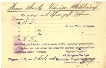 Sigmar Chemnitz Vertreterkarte der Cognacbrennerei o 6.7.1904