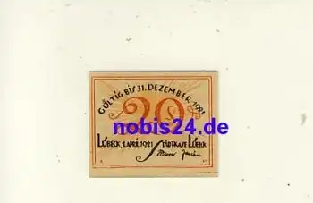 Lübeck Notgeld 20 Pfennige 1921