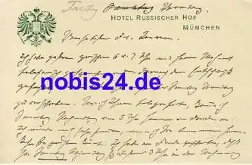 München Hotel Russischer Hof Prägekarte mit Wappen o 1912