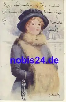 Eislaufen Dame mit Muff Künstlerkarte Marholdy o ca.1910