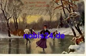 Neujahr Eislaufen Künstlerkarte o 1909