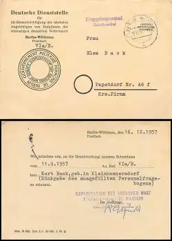 Kriegsgefangenenpost Gebührenfrei Gouvernement Militaire Francais o Berlin Wittenau 17.12.1957