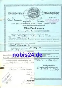 Union und Rhein Glas Versicherung 1928 Schein Din A4