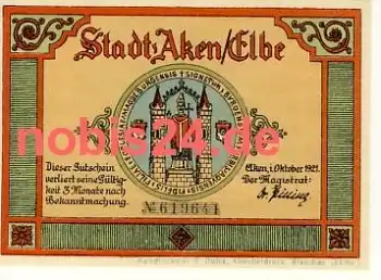 06385 Aken Notgeld 25 Pfennige 1921