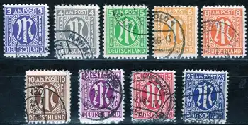 Alliierte Besetzungen Bizone 1-9 o Freimarken amerikanischer Druck gestempelt