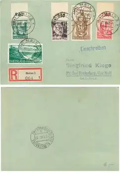 AB Rheinland-Pfalz 5 Werte aus Michel 1-14 auf R-Karte Mainz 1 o 21.10.1947