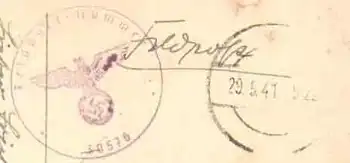 Feldpostkarte mit Stempel Nr. 30576 o Stummer Stempel 29.5.1941 auf Kisch Karte