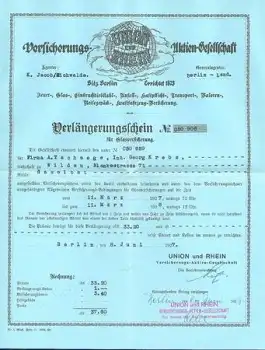 Glasversicherungs-Police der Versicherungs Aktien Gesellschaft Union und Rhein, 1927