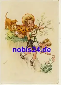 Dackel mit Kindern Künstlerkarte *ca.1950