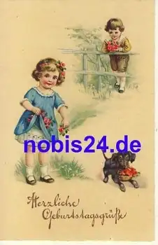 Dackel und Kinder Künstlerkarte *ca.1930