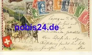 Briefmarken Prägekarte Postkutsche Schweiz  o 1906